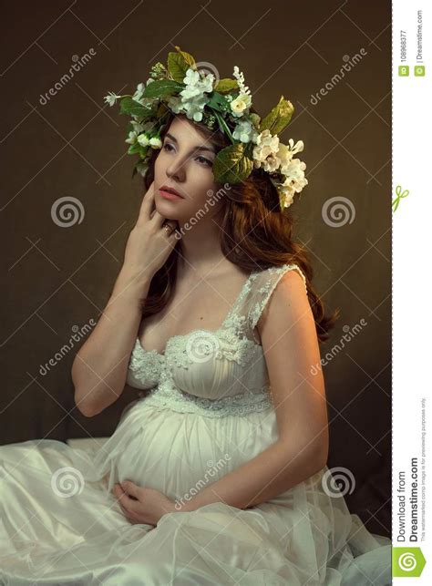 Beautiful Female Portrait Of A Pregnant Woman In White Dress Stock Image Image Of Portrait