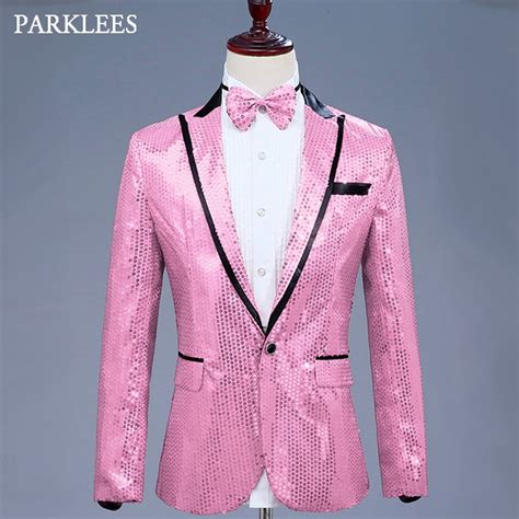 Mens Glitter Blazer Jacket With Bow Tie Pink Sequins Dress Suit Men