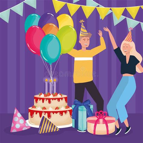 Happy Birthday Couple With Cake Ts Balloons Hats Celebration Party