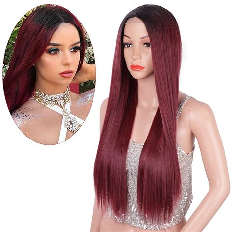 Stamped Glorious Ombre Burgundy Wine Red Wig Long Straight Middle Part Wigs Synthetic 26 Inch