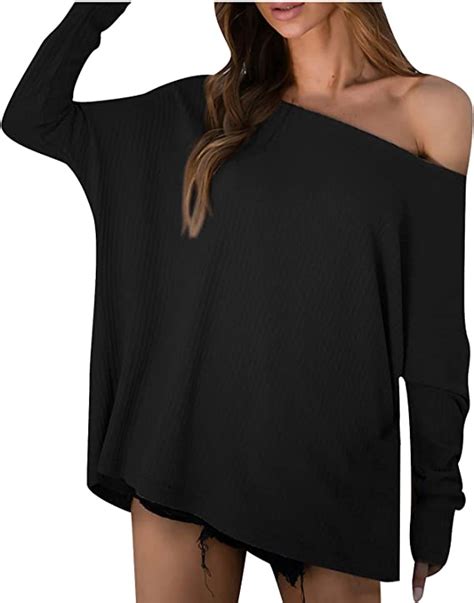 Womens Long Sleeve Wide Boat Neck Off Shoulder Tops T Shirt Solid