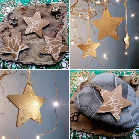 Three Hand Printed Wooden Stars Star Decorations Gold Etsy