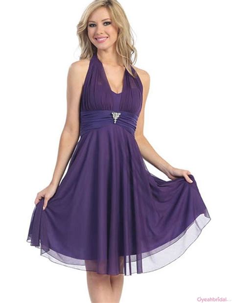 A Line Strapless Halter Top V Neck Purple Chiffon Elegant Cheap Homecoming Dresse Cocktail