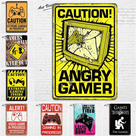 Home Décor Plaques And Signs Home Décor Metal Tin Sign Caution Gaming In