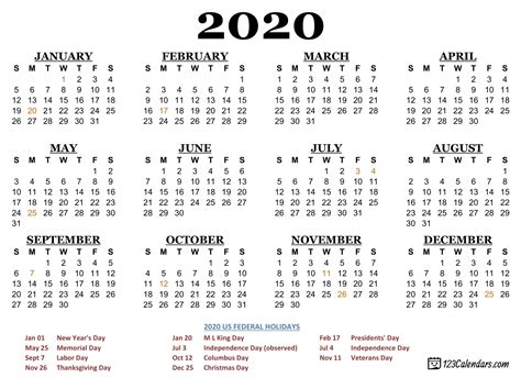 Exceptional 2020 Calendar Showing Federal Holidays • Printable Blank