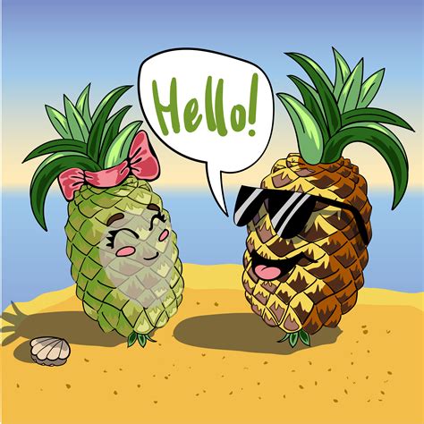 Vector Background With Funny Pineapples In Glasses And Text Hello