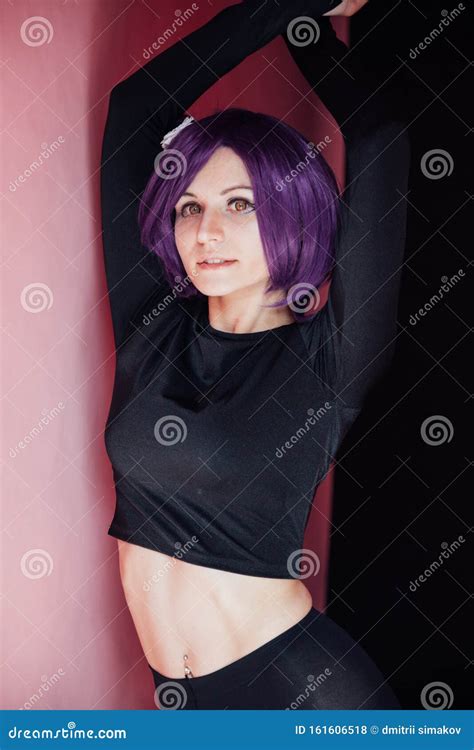 Girl Cosplayer With Purple Hair Anime Japan Stock Photo Image Of