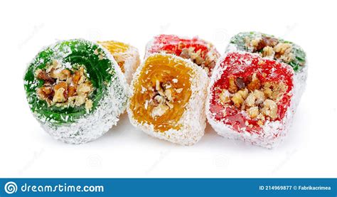 Colorful Turkish Delight With Nuts In Powdered Sugar Isolated On White