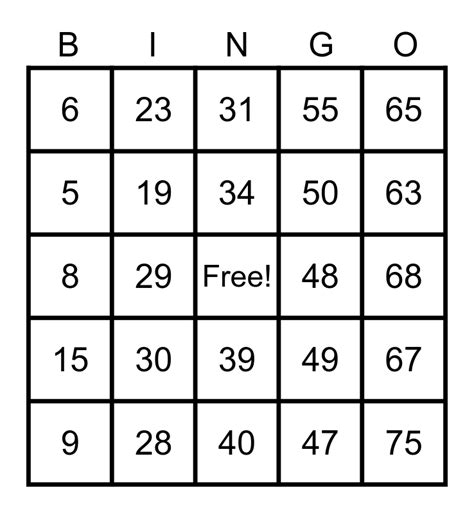 Number Bingo 1 75 Bingo Card