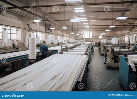 Textile Factory With Machines And Workers Producing Fabric In Mass
