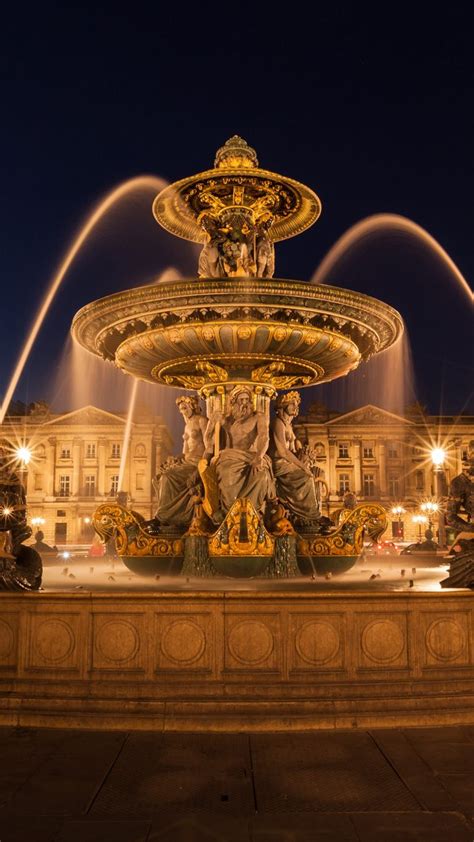 Night View Of The Fountain At The Place De La Concorde Paris France