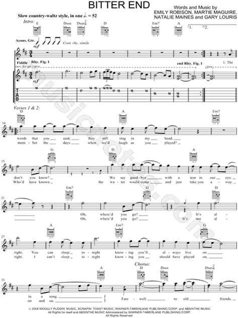 The Chicks Bitter End Guitar Tab In D Major Download And Print Sku