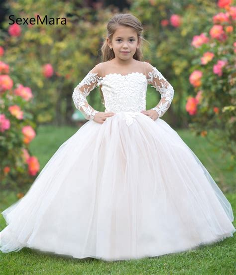 Romantic Ivory White Puffy Lace Long Sleeve Flower Girl Dress For