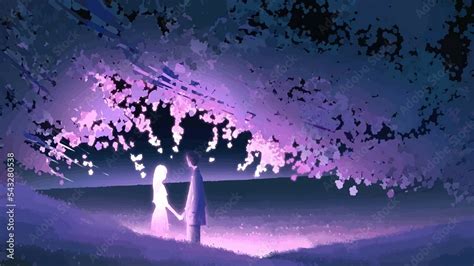 Anime Couple Holding Hands Together Under A Large Tree In The Ocean