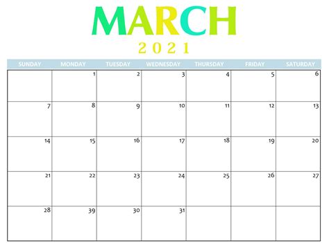 Easy to write in notes of the monthly calendar. Free Calendar 2021 March Printable Notes Template - One ...
