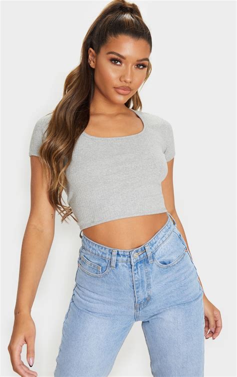 Grey Open Back Rib Crop Top Tops Prettylittlething