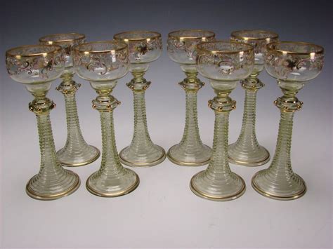 Antique Moser Bohemian Ornate Enamel Tall Wine Glass Stem Set Of 8 Ornate Glass Antiques