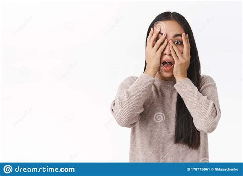 Scared Embarrassed Cute Asian Girl Hiding Face Hold Hands Above Eyes
