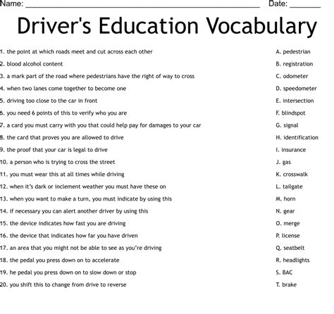 Drivers Education Vocabulary Worksheet Wordmint