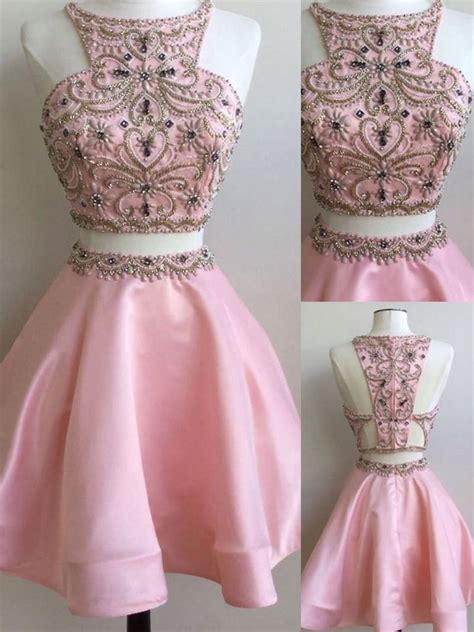Two Pieces Homecoming Dress Sexy Tulle Rhinestone Short Prom Dress Par