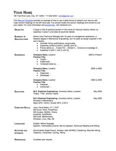 We also offer an online resume builder that can help you design your own resume in the format of your choice. Download the Resume Template - Table Format from Vertex42.com | Resume template, Microsoft word ...
