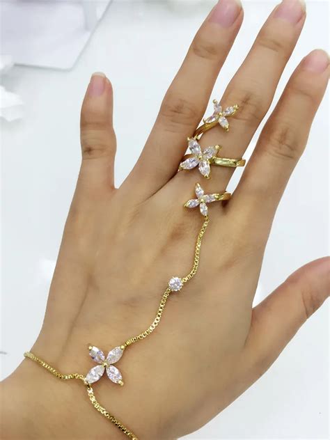 Gold Plated Flower Crystal Cz Zircon Women Bridal Ring Chain Bracelet