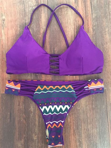 Zig Zag Print Cami Bikini Set Purple Bikinis Spaghetti Strap Bikini Set Swimwear