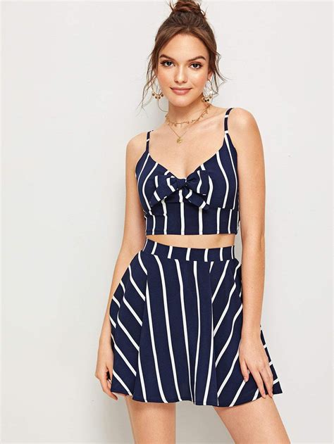 Striped Tie Front Shirred Cami Top With Skirt Two Piece Outfit Cami Tops Striped Tie