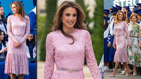Queen Rania Of Jordan Stuns In A Floral Lace Dress At The Graduation Ceremony Of The School