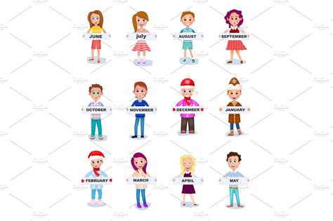 Set Of People Holding Months Names In Hands Vector Illustrator