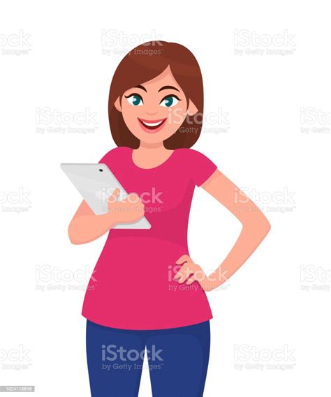 Young Woman Holding Tablet Computer Vector Illustration In Cartoon