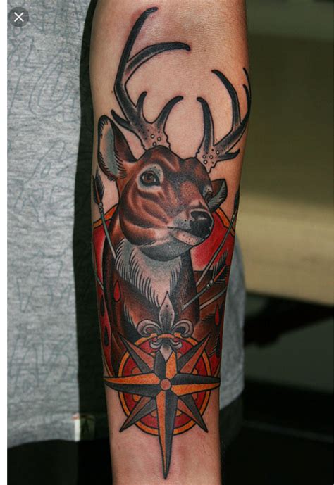 Buck Compass And Arrows Traditional Tattoo Deer Tattoo