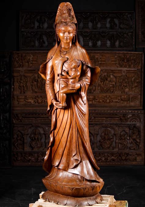 Masterpiece Wood Kwan Yin Carving With Amitabha Buddha In Headdress