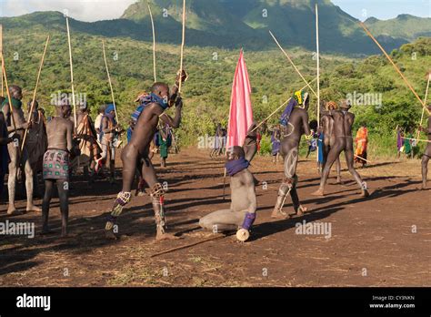 donga stick fighters tribu surma tulgit rivière omo vallée ethiopie photo stock alamy