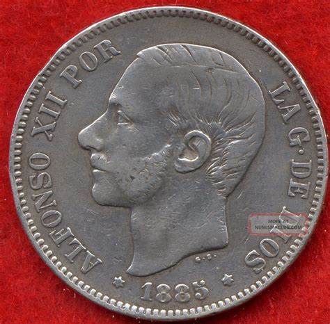 Rare 5 Pesetas Silver Spain Coin 1885 Alfonso Xii Xf