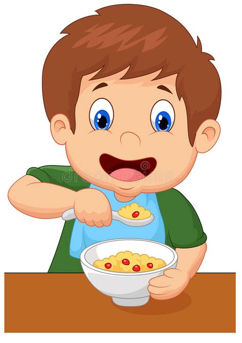 Boy Cartoon Is Having Cereal For Breakfast Stock Vector Illustration