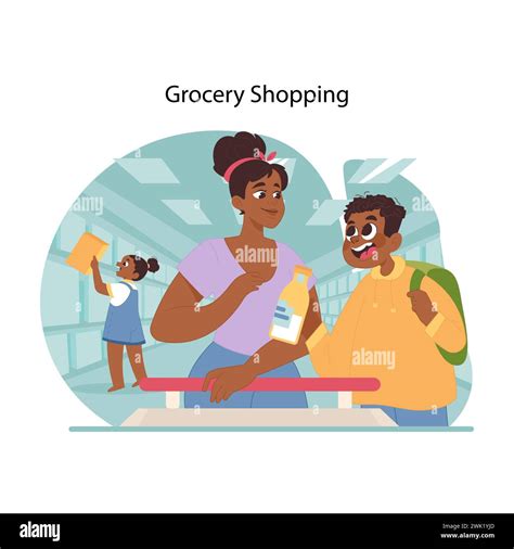 Family grocery adventure concept. Mother and children engaging in