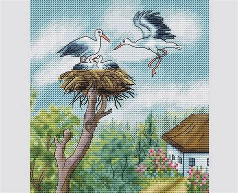 Stork Nest Cross Stitch Pattern Pdf Embroidery Design Modern Etsy