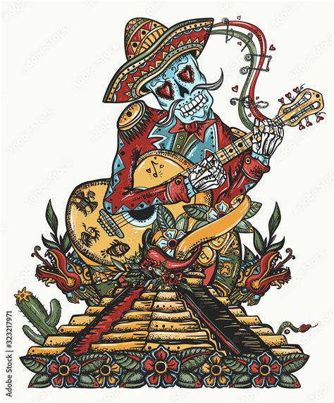 Mexican Art Mariachi Skeleton Wearing Sombrero And Playing Guitar