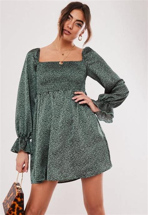 Missguided Green Milkmaid Shirred Ditsy Print Mini Dress In 2021