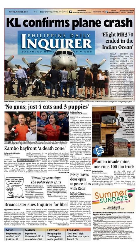 Kl Confirms Plane Crash Todays Inquirer Banner Story March 25