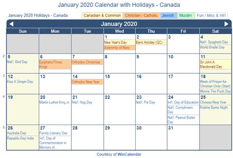 Print Friendly January 2020 Canada Calendar For Printing