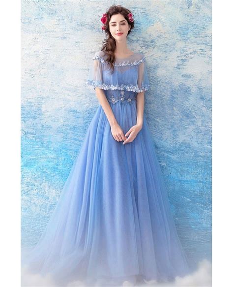 Beautiful Blue Tulle Long A Line Prom Dress With Special Lace Cape