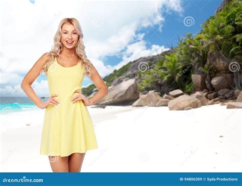 Happy Young Woman Over Exotic Island Beach Stock Image Image Of
