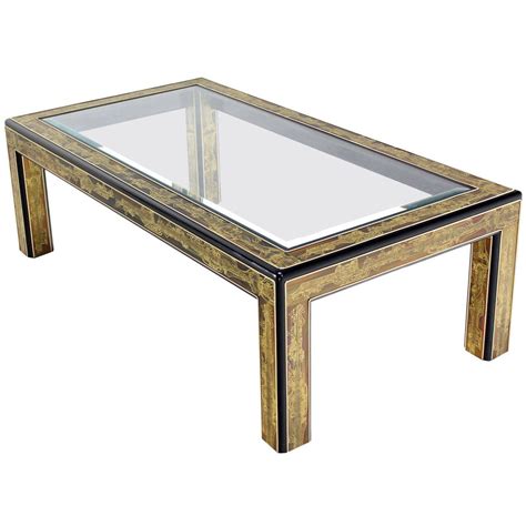 Rectangular Glass Top Brass And Wood Base Coffee Table By Mastercraft