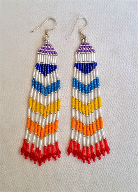 Multi Color Rainbow Pride Long Chevron Seed Bead Earrings Susan