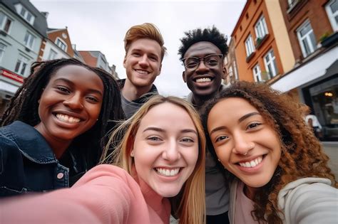 Premium Ai Image A Multiracial Group Of Friends Take A Selfie On A City Street