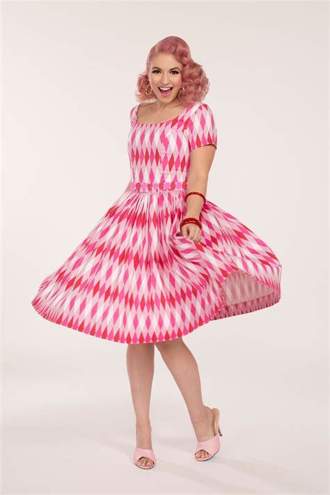 Gena Retro Dress In Pink Harlequin Print Vintage Inspired Dresses