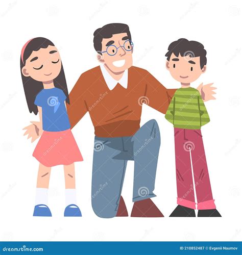 Alegre Papá Abrazando A Su Hijo Y Su Hija Paternidad Concepto Dibujo