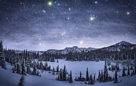 Starry Night Over Winter Landscape Wallpaper And Background Image
